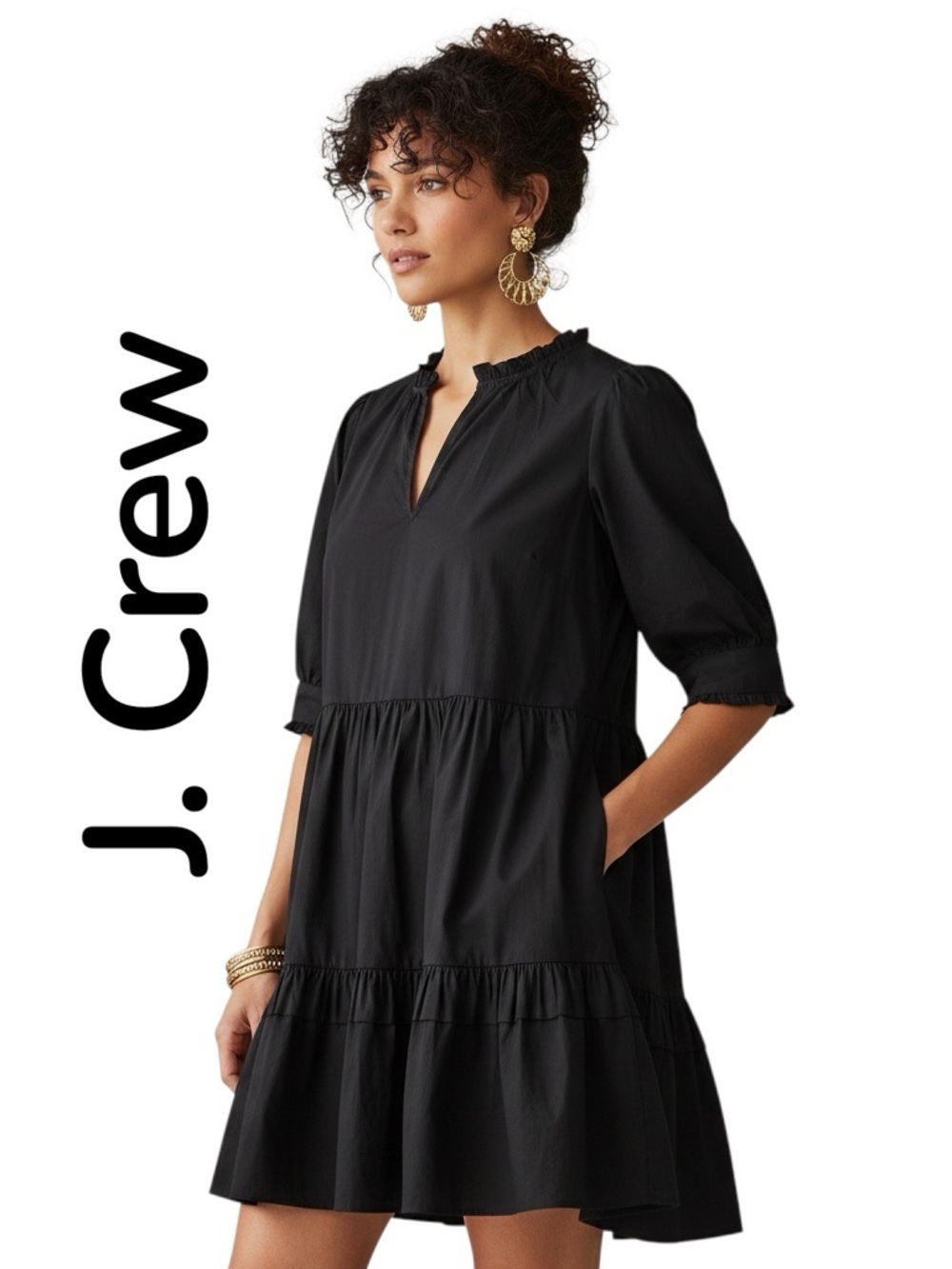 J.Crew Dress Women's Ruffle Neck Tiered Popover Black Cotton Side/Zip Lined Sz S